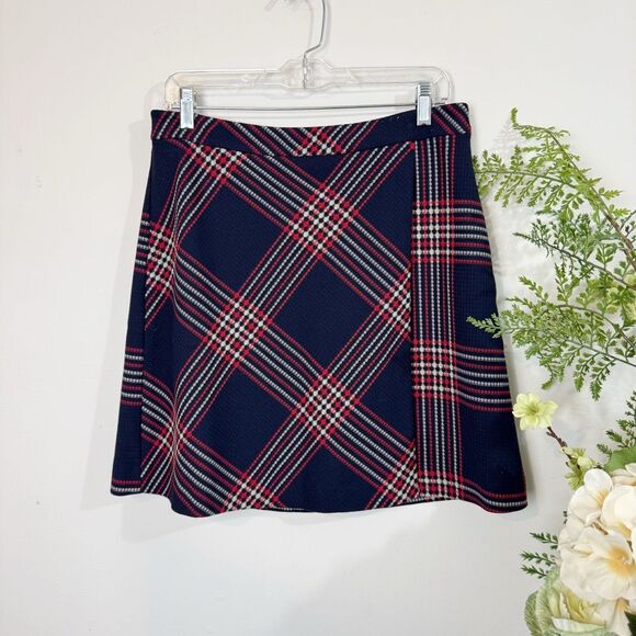 HALOGEN Classic Navy Plaid A-Line Skirt size 10 red white blue - Picture 1 of 11
